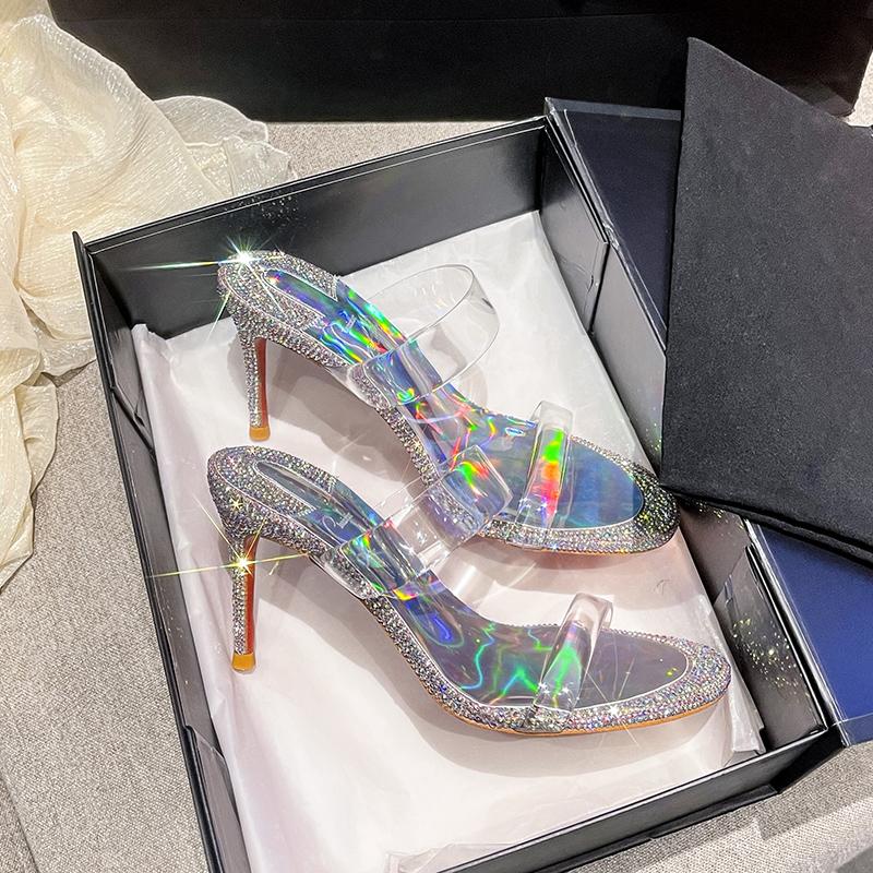 Fashion A Word With Transparent Sandals 2025 New High-Heeled Slippers Female Fashion Simple Style Diamond Slippers Female Summer Wear