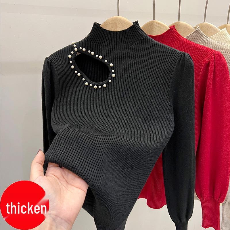 Women's High Neck Beaded Hollow-Out Knitted Sweater - Long-Sleeve Autumn/Winter Design