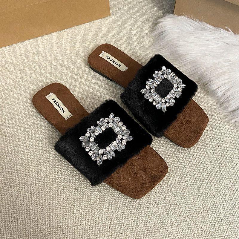 Retro Internet celebrity fairy wind word with fluffy slippers women wear 2025 autumn and winter new flat slippers