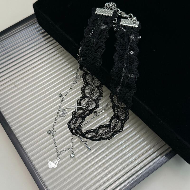 Black White Lace Cross Butterfly Pendant Necklaces for Women Girls Sexy Sweet Cool Collarbone Necklace Strap Jewelry Accessories