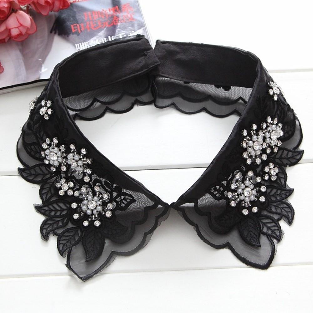Fashion Cotton Lace Fake Crystal Beads Lace Leaves Detachable Collar Elegant White Color Fake Collar Ladies Blouse