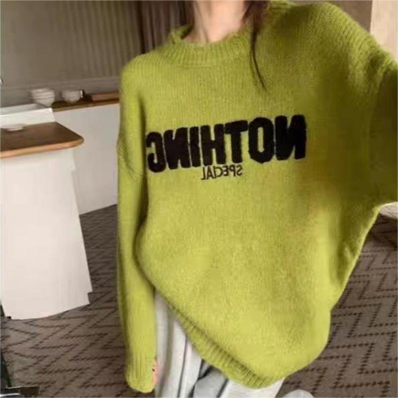 Lazy high-end sweater women's autumn and winter new loose fashion crew neck letter knitted sweater