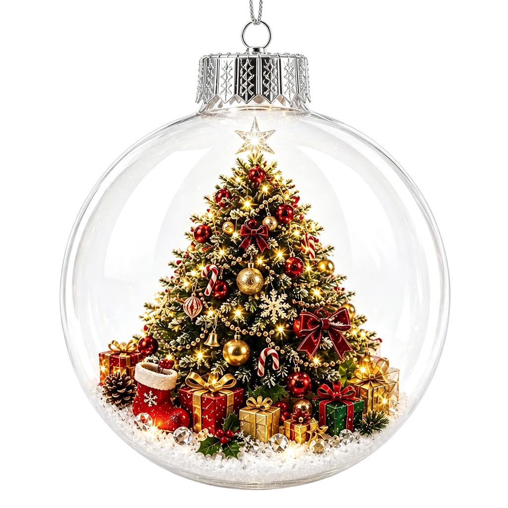 Transparent Ball Christmas Decoration Mini Holiday Scene 3.15 Inch Plastic Xmas Tree Hanging Keepsake Gift