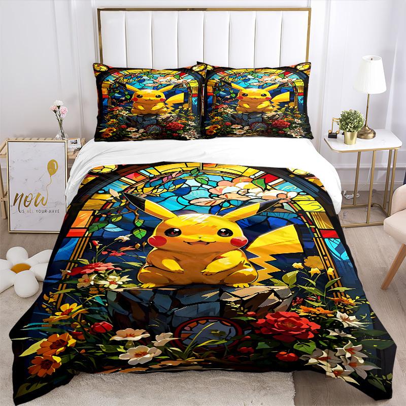 3pc Pikachu StainedGlass Bedding Set Guest Room Bedroom Decor Christmas Halloween Decor Birthday and Holiday Gifts- All Seasons 3pcs Quilt 053