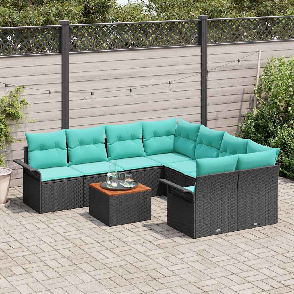 Garden Sofa Set 9 pcs Black and Turquoise Poly Rattan