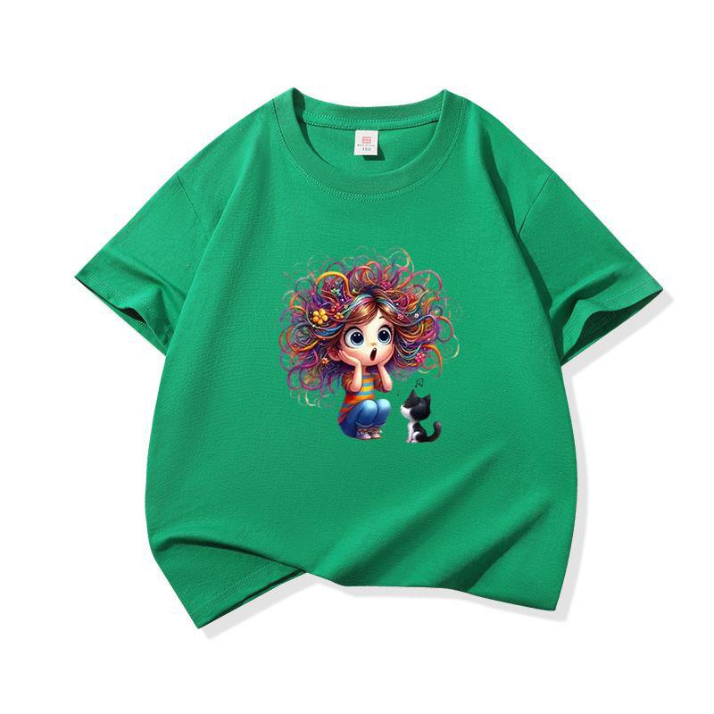 Kids Cotton T Shirt Surprised Colorful Hair Girl And Black Cat Print Crew Neck Short Sleeve Tee Casual Boys Girls Summer Tops