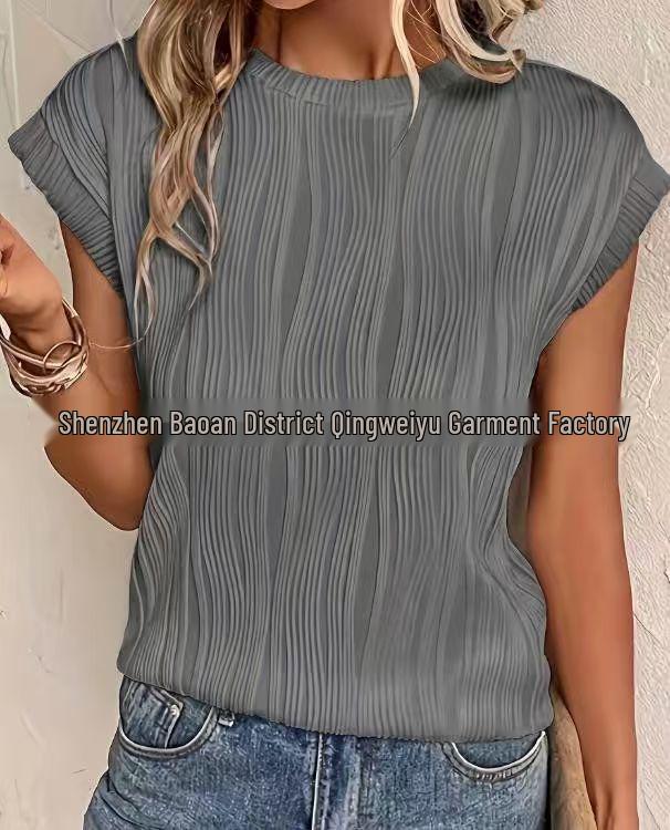 2025 Women's Round Neck Textured Short Sleeve T-shirt - European & American Style