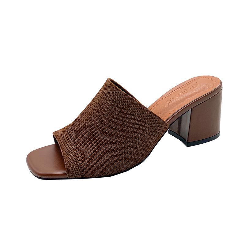 Women's Summer Plus Size Flyknit High Heel Mules Breathable Chunky Heel Fashion Sandals
