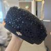 Womens Black Felt Beret With Sparkling Sequins For Fall And Winter Wear