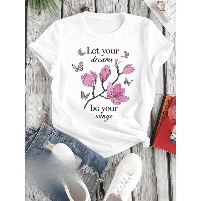 Floral Dreams Tee Tshirts T Shirt Women's 180G 100% White Casual Swear T Shirts for Summer Fall, As Gifts Spring and Summer Outdoor Wear Baggy