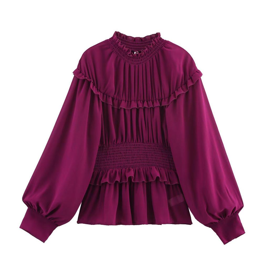 2025 Spring Women's European & American Style Ruffle Chiffon Long Sleeve Top