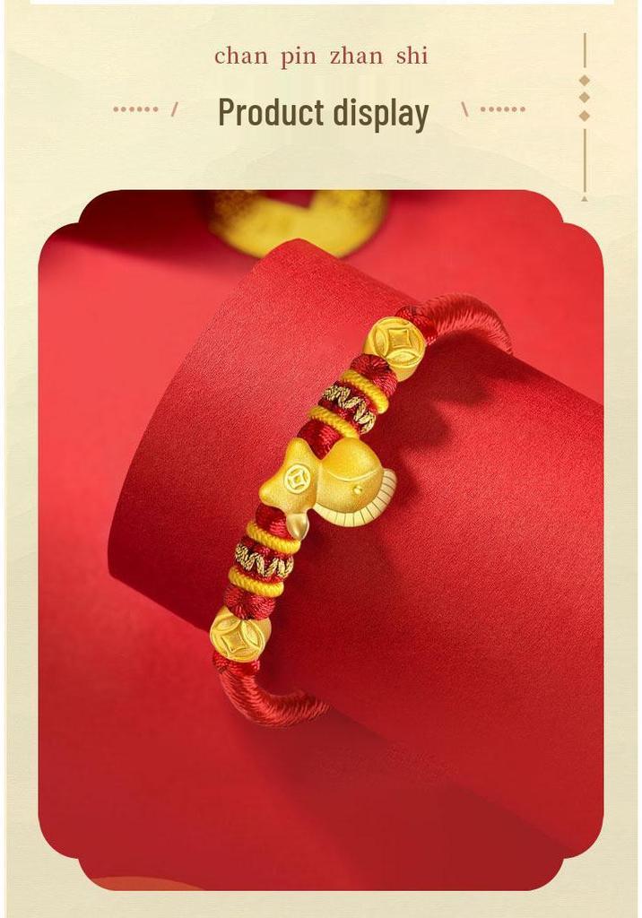 Gold 999 Zodiac Horse Charm Bracelet with Red Rope - Birth Year Gift for Girlfriend