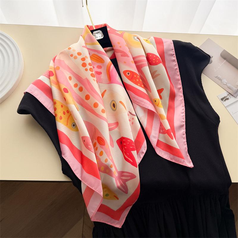 Color small fish simulation silk printing silk scarf small square scarf high-end shawl sunscreen neck scarf headscarf female