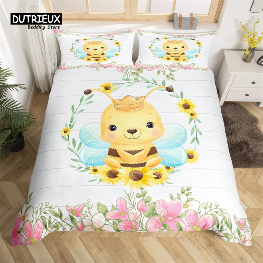 Niedliches Milchkuh Bettwäsche-Set King Cartoon Tier Bettbezug Botanisch Floral Steppdeckenbezug Mikrofaser Bauernhaus Tagesdecke Bezug