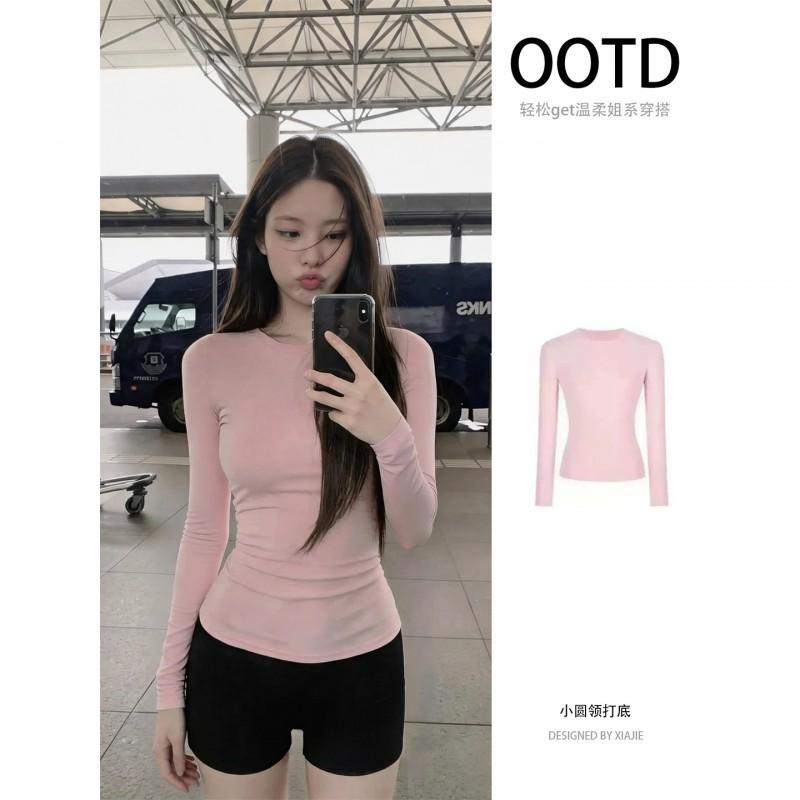 Womens Pink Long Sleeve T-Shirt Slim Fit Basic Top Korean Style Casual Wear