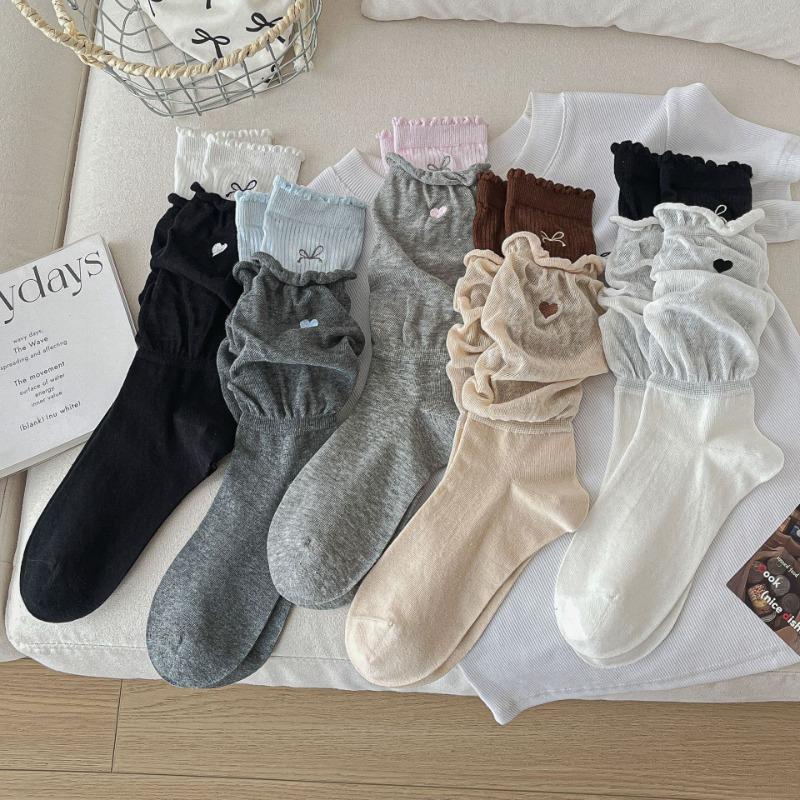 Ballet-style Dui Dui Socks for Women, Spring and Summer Embroidered Bow, Heart-shaped Mid-calf Socks, Double-layer Cotton Socks