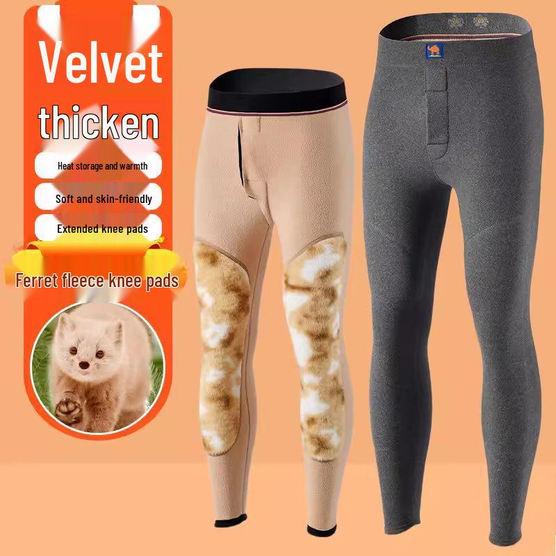 

Men s Winter Fleece Pants with Ferret Fur Knee Pads & Heated Patches - High Waist Cold Protection Base Layer 4XL (125-150 jin)