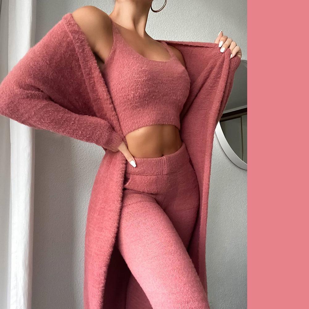 

Сексуальный плюшевый короткий жилет без рукавов с V-образным вырезом и открытой талией, длинное пальто, комплект из 3 предметов, осень-зима, для женщин XXS