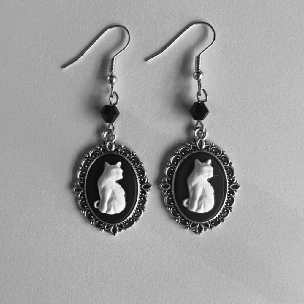 Gothic Black Cat Silver Frame Earrings with Black Beads
