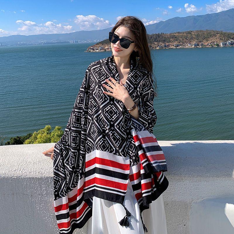 Шарф женский зимние теплые шарфы винтажный богемный этнический стиль шаль накидка пляжное — фото 26