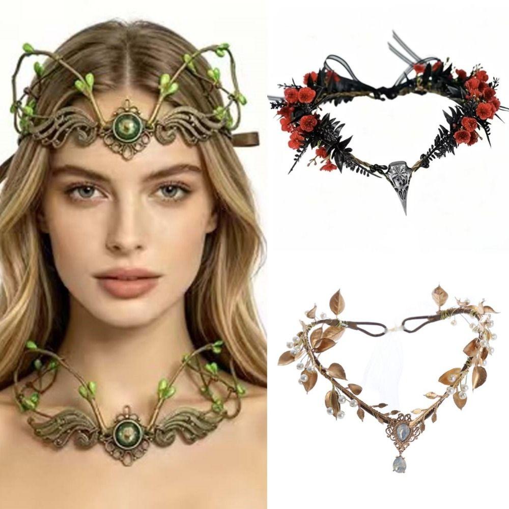 Flower Vine Elven Crown Diadem Rhinestone Decorated Elf Tiara Head Band Simulate Tree Leaves Fairy Headpiece Bridal Wedding
