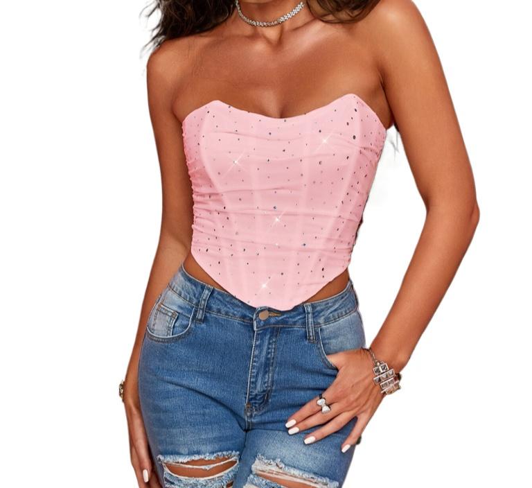 Rose Beauty A Rave Valentine's Day Elegant Sparkling Sequin Decor Fishbone Detail Grommet Lace Up Back Overbust Corset Shapewear Party Crop Tube Top