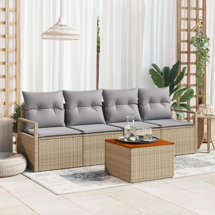 Set de Canapé de Jardin 5 Pièces avec Coussins Beige Poly Rattan Acacia, Canapé de Jardin 2 Places avec Coussins Beige Poly 3347637