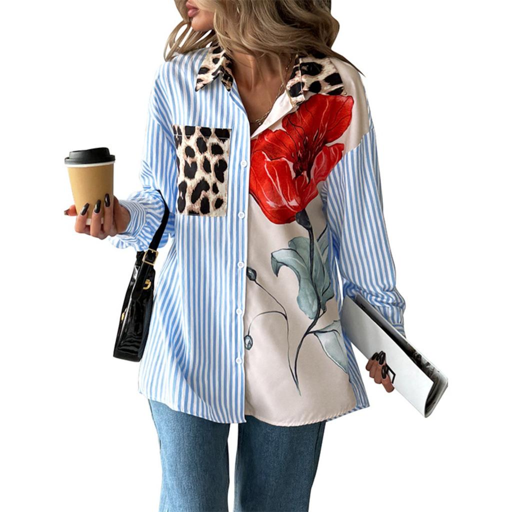 New Fall Women's Striped Patchwork Printed Shirt Casual Vacation Fashion Top