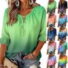 Women's Three-Quarter Sleeve Blouse with Gradient Print, Ruffle Hem and Tie Front - Round Neck Fashion Top