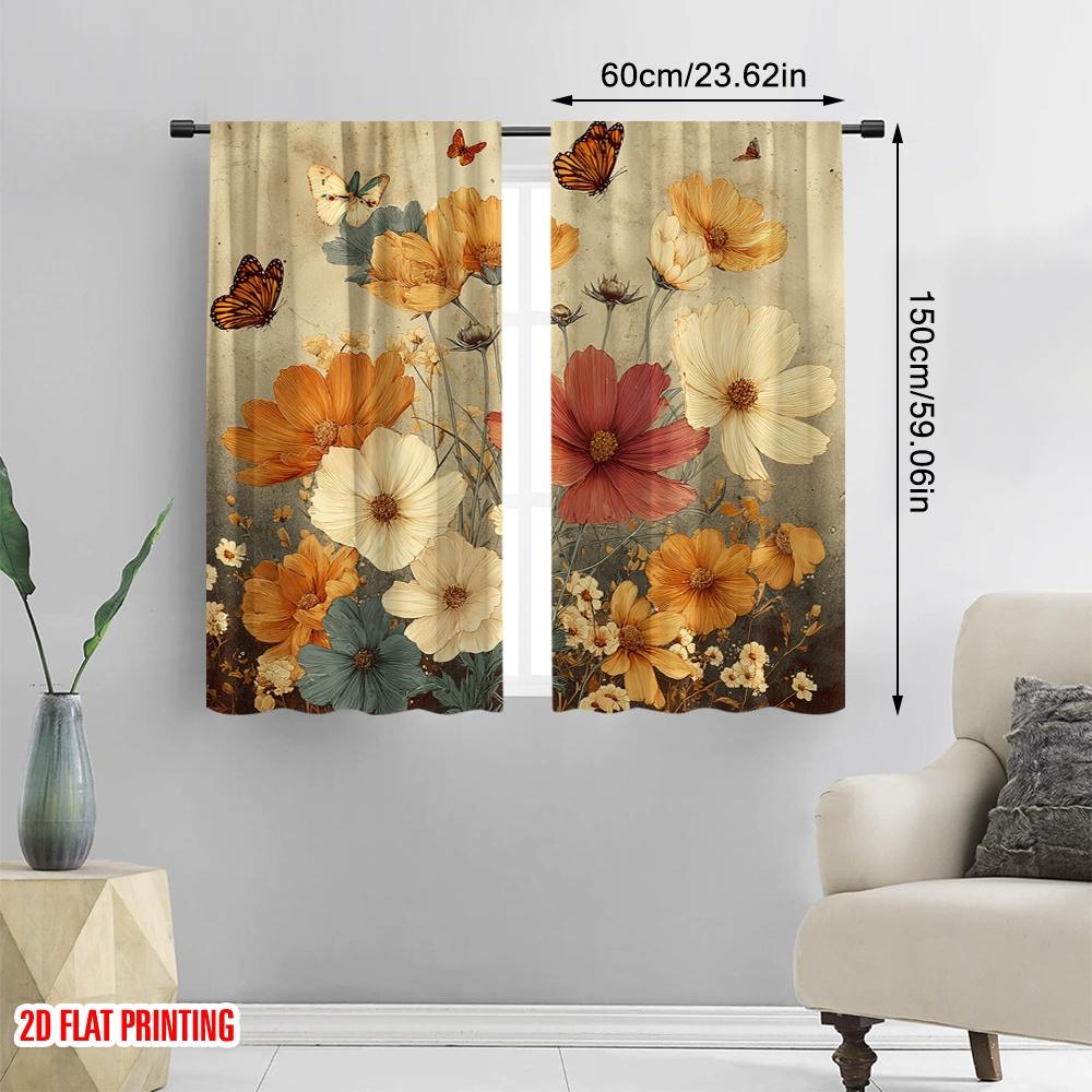 2pcs,2D Plane Printing Curtain Popular Butterfly Blooms Polyester Easy Install (without Rod) Holiday Ldeal for Living Room,
