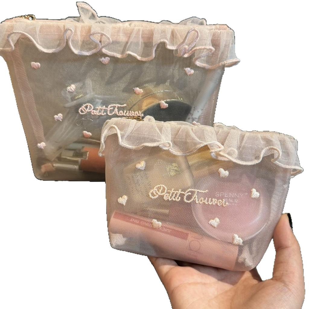 Cute Heart Embroidery Mesh Pouch, Portable Cosmetic and Tissue Bag, Sweet Style Storage Organizer for Girls, Travel and Daily Use