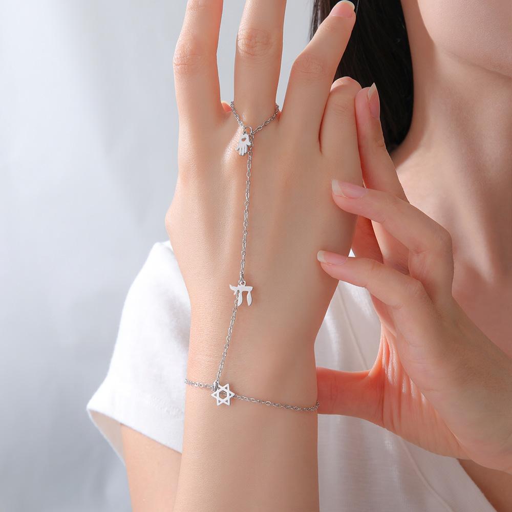 Dawapara Star of David and Chai Bracelet Hand Chain Jewish Hexagram Good Luck Judaica Jewelry Stainless Steel Jewelry