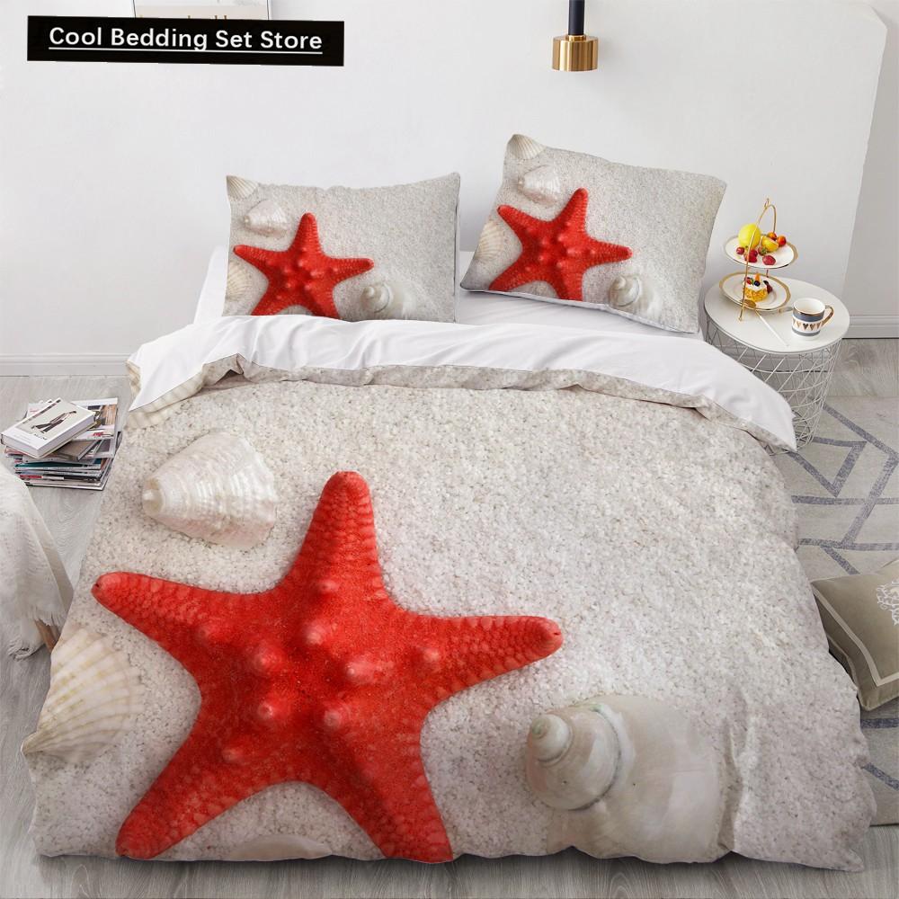 Blue Ocean King Queen Bettbezug Cartoon Seestern Muschel Bettwäscheset für Kind Teenager Erwachsene Meer Strand 2/3tlg. Polyester Bettdeckenbezug