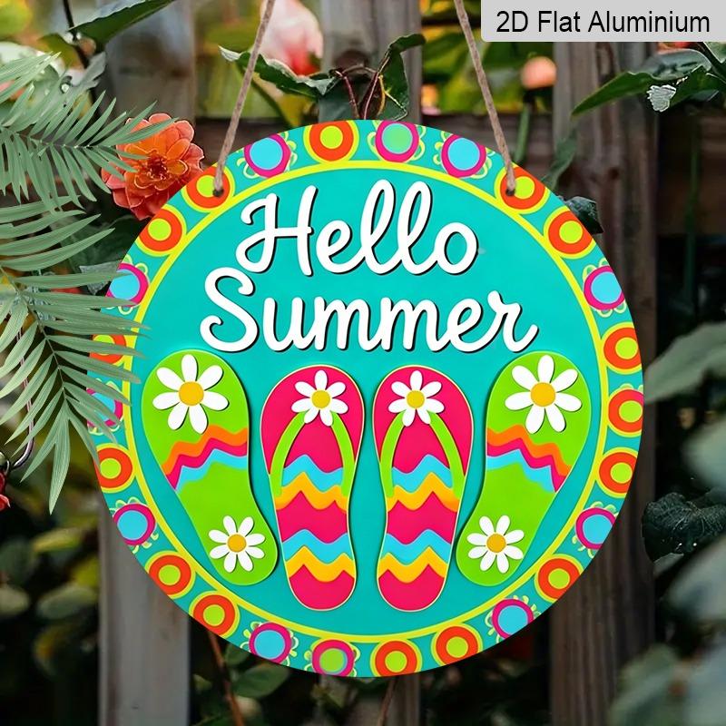 2D Flat Aluminum "Hello Summer" Decorative Signs and Plaques, Available In Various Sizes. Flip-flop Daisy Pattern Metal Wall Decorations, Suitable