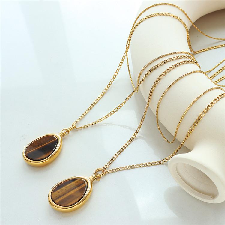 Manufacture Women'S Fashion Minimalist Jewelry Natural Tiger Eye Stone Double Layer Necklace for Sweater Chain Accessories