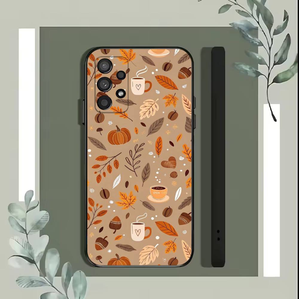 Funda de Teléfono Hojas de Otoño Calabaza Para Samsung S25,S24,S21,S22,S23,S30,Ultra,S20,Plus,Fe,Lite,5G Funda Negra