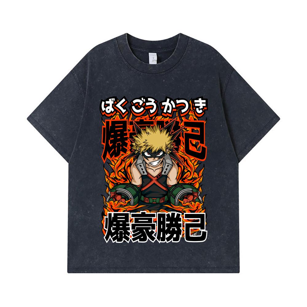 275 GSM Washed T-shirts 100% Cotton My Hero Academia V13 Bakugo Print Unisex Heavy Cotton T Shirt