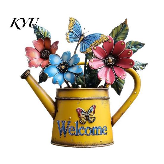 Indoor Outdoor Metal Wall Art Rustic Watering Can Art, Flower Butterfly Welcome Sign, Farmhouse Floral Sculptures Iron Hanging Decor for Porch Garden