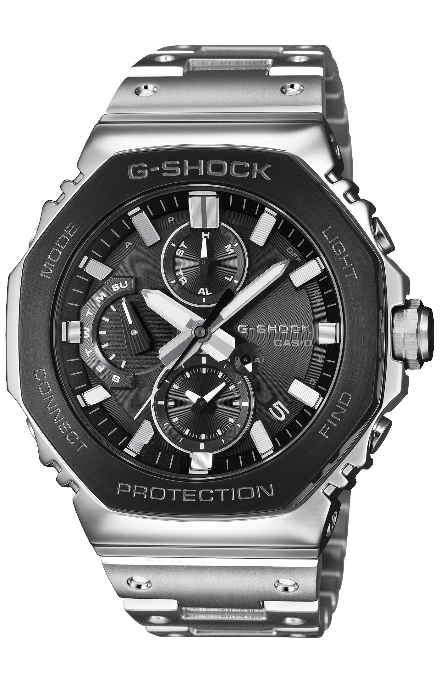

Casio G-Shock Watch (Official Japanese Product) GMC-B2100BT-1AJF Men s Silver, Full Metal Chronograph with Bluetooth, Tough Solar, and Black Bezel