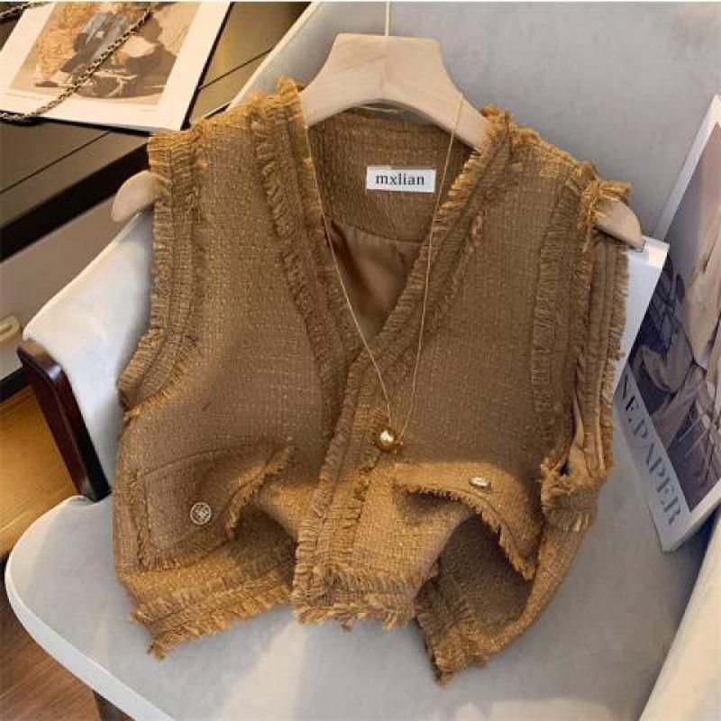 

Женский трикотажный многослойный жилет без рукавов с кисточками в французском стиле 2023 - Дизайн для ранней весны, Короткая и шикарная верхняя одежда L коричневый/жёлтый