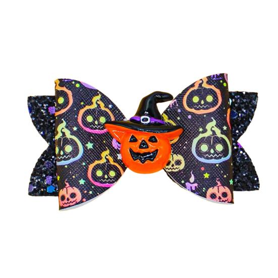 Festive Hair Styling Tools Halloween Glitter Bow Clips for Kids Baby Girls, Double Layer Shiny Party Barrettes Ghost/Pumpkin/Eyeball Bowtie