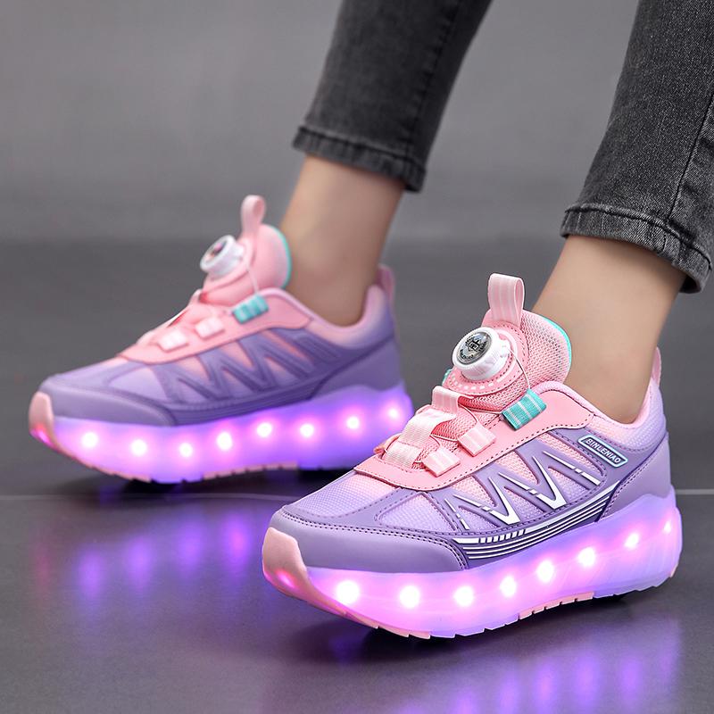 Four-wheel Running Shoes Detachable Flat Shoes Rechargeable USB Luminous Sports Light Shoes Girls Roller Skates Boys Shoes
