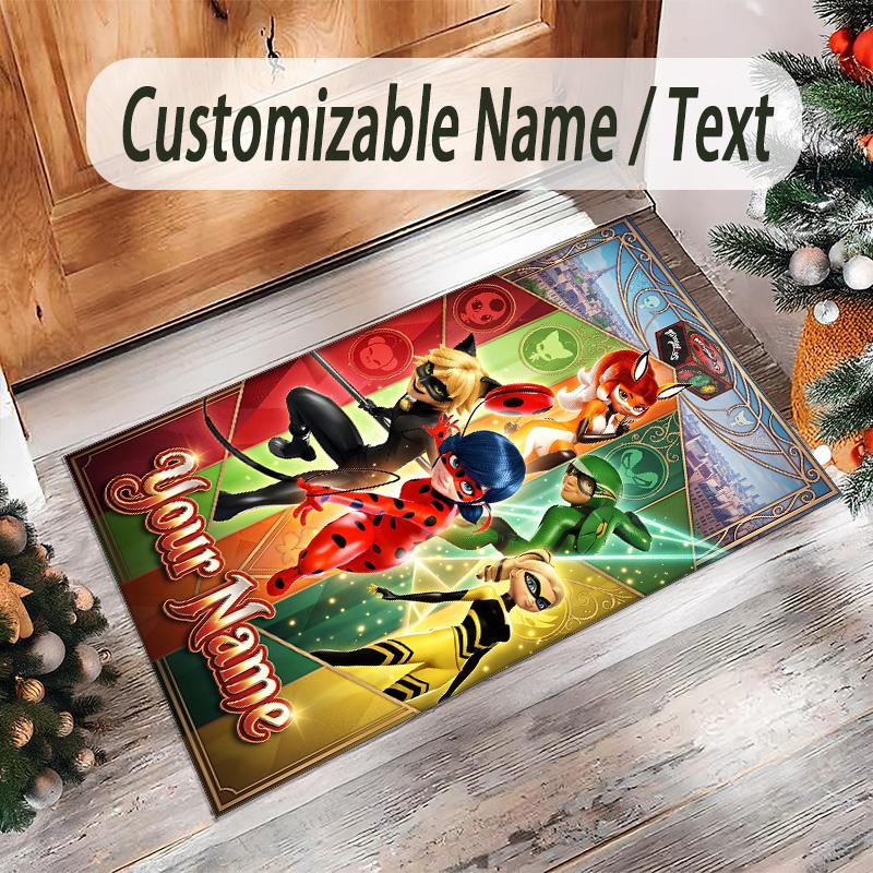 Tappeto in Cristallo di Velluto Personalizzato con Nome e Testo, Tappeto Antiscivolo Miraculous Ladybug per Decorazione Domestica
