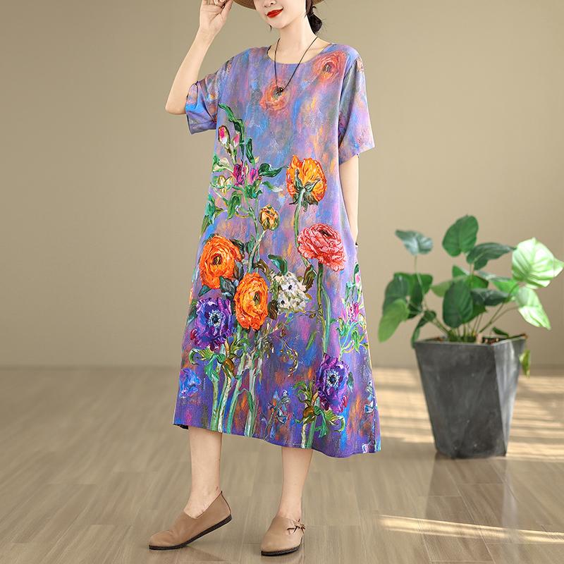 Kurzarm-Übergröße, Vintage-Kleid mit Blumenmuster, neu in Kleidern für Damen, lässig, locker, langes Sommerkleid