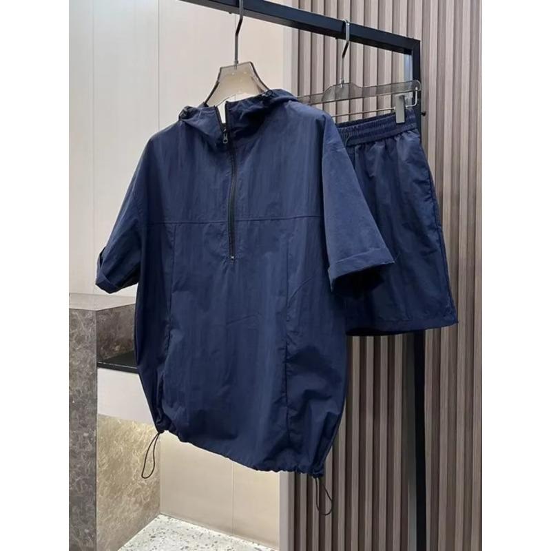 Sommar Cargo Huvtröja Träningsdräkt Kortärmad T-shirt Dragkedja och Shorts Outfits Snabbtorkande Enfärgad Casual Utomhus Sport Klädset