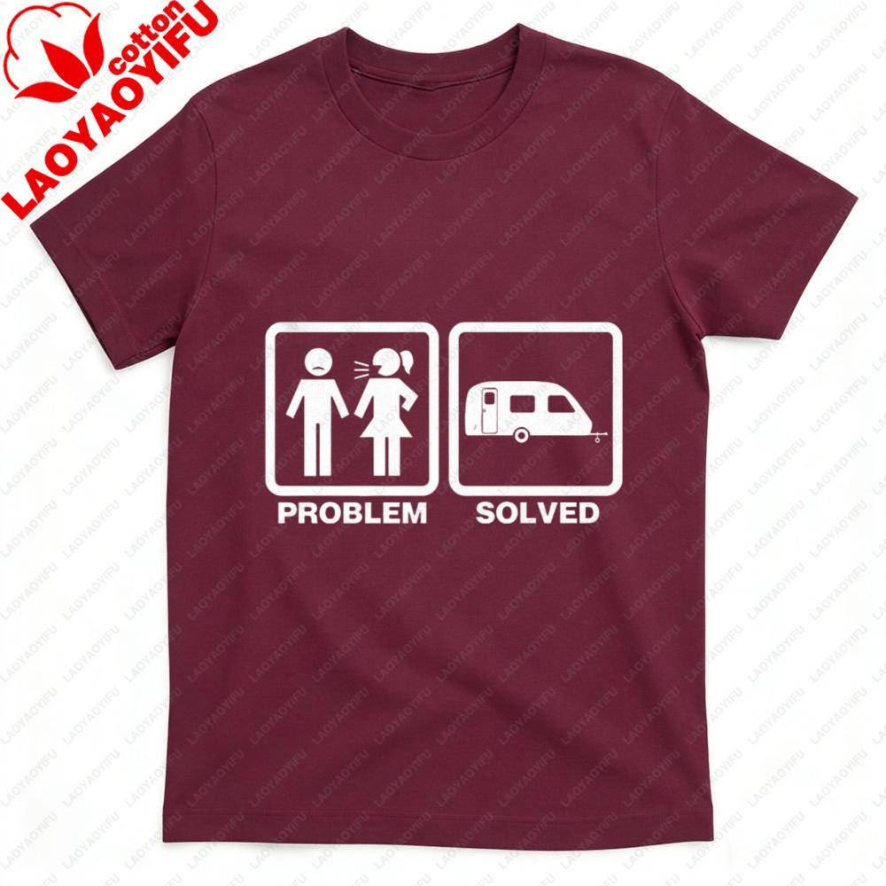 Men TShirt Summer Casual Short Sleeve Cotton Fashion Tee with Problem Solved RV Camping Graphic for Men Unisex Clothes