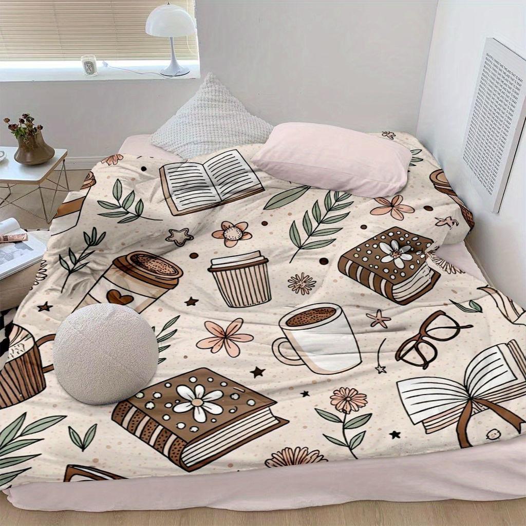 A Cozy Fleece Blanket Featuring a Book Theme Design with Soft Bedding, Perfect for Decorating a Modern Reading Nook Year-Round