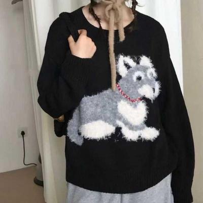 Korean Cartoon Puppy Knitted Pullover - Women's Autumn/Winter Loose Fit Sweater