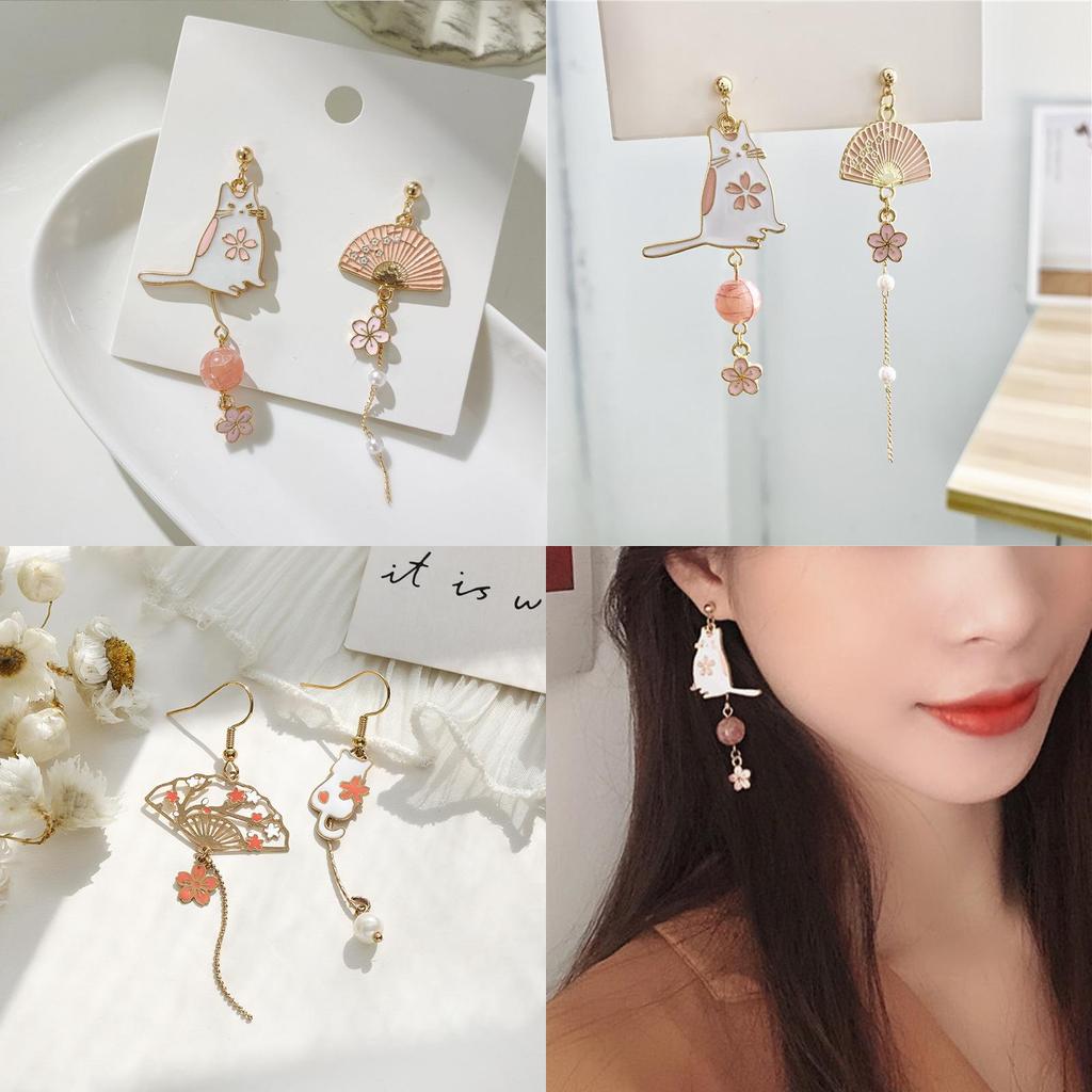 Boucles d'oreilles éventail style ancien Fleur de chat avec pompons asymétriques pour femmes