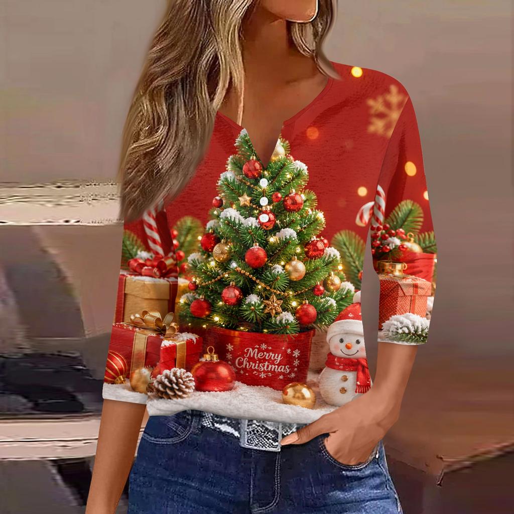 Women's Stylish Casual Christmas Print V-Neck Button Three-Quarter Sleeve T-Shirt